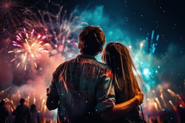 Young couple looking at fireworks at a celebration - obrazy, fototapety, plakaty