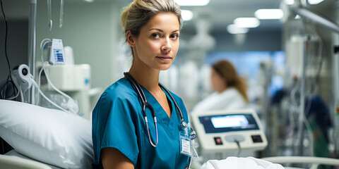 portrait of Critical Care Nurse, who Provide advanced nursing care for patients in critical or coronary care units - obrazy, fototapety, plakaty
