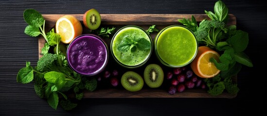 Top view of a tray with green and purple juices or smoothies made from fruits greens and vegetables promotes detox dieting clean eating and a healthy lifestyle concept - obrazy, fototapety, plakaty