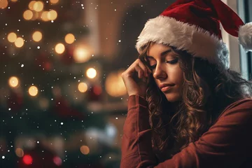 Gordijnen Sad and sad woman on Christmas or New Year's background © Enigma