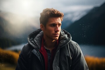 Man traveler against the backdrop of mountains and lakes