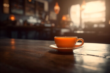 Fototapeta premium Cup on coffee table, coffee shop background out of focus. Space for advertising, text, or product