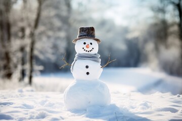 Obraz premium A friendly snowman smiling in a calm winter landscape.