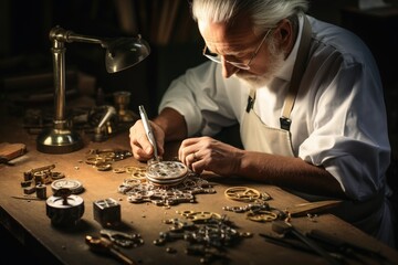 A watchmaker at work at his desk.