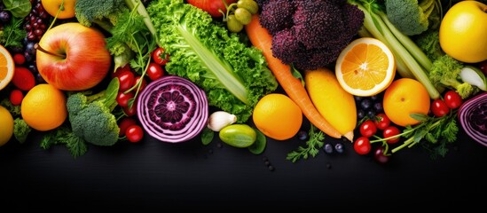Vibrant image of fresh vegetables and fruits forming organic food concept with copyspace for text