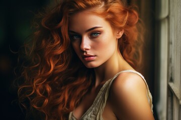 Fototapeta premium Portrait of a red-haired woman with blue eyes