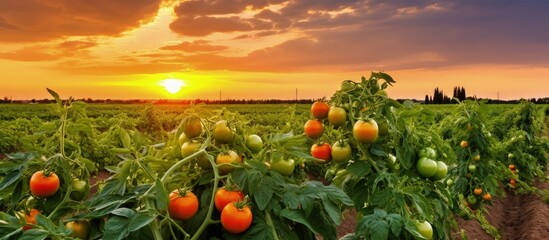 Tomatoes growing in South Ukraine s green agriculture field under an orange sunset in cloudy skies with copyspace for text
