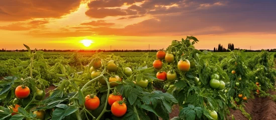 Papier Peint photo Prairie, marais Tomatoes growing in South Ukraine s green agriculture field under an orange sunset in cloudy skies with copyspace for text