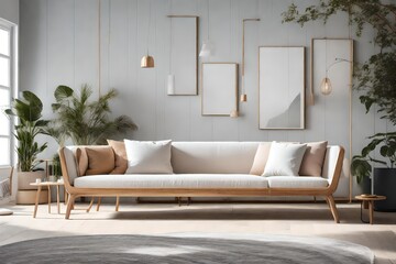 a Scandinavian sofa with  wooden frames and natural finishes