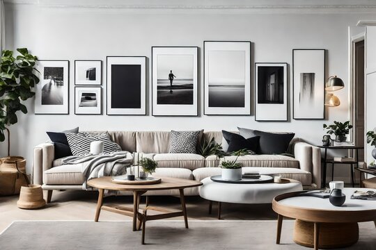 a Scandinavian living room with a gallery wall featuring black-and-white photography