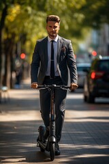 Confident Businessman Commuting on Electric Scooter in City . Generative AI