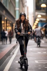 Commuting in Style, Woman Riding Electric Scooter to Work or School. Generative AI