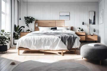 a modern Scandinavian bedroom with sleek, modular furniture pieces