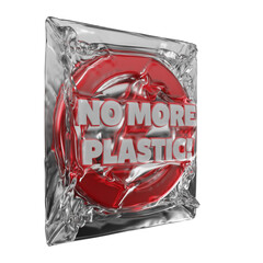 No More Plastic Campaign Stamp 3D Red Lock Symbol with Slanted Stylized Text Wrapped in Plastic  png isolated no background