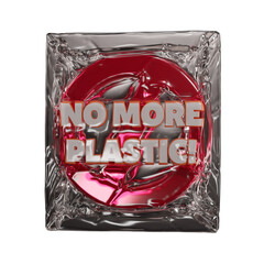 No More Plastic Campaign Stamp 3D Red Lock Symbol with Slanted Stylized Text Wrapped in Plastic ...