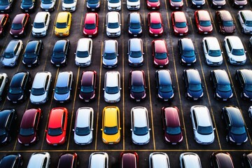 Fototapeta premium Aerial view of many new cars at a port.