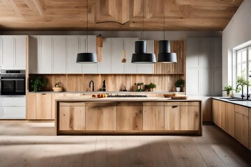 Fototapeta na wymiar natural wood tones into your Scandinavian kitchen, including wood cabinets and countertops