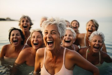 Obraz premium Energetic woman having fun at water aerobics.