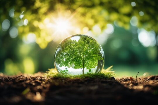Green future of Earth and our ecological footprint in a glass sphere.