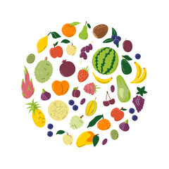 Fruity nutrition concept design isolated on white. Different ripe fruits mix. Organic exotic food. Round shaped composition of natural sweeties. Tropical fruit set hand drawn flat vector illustration