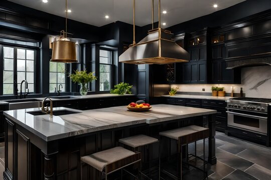 a kitchen with black granite or soapstone countertops for a dramatic effect