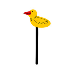 Illustration of a yellow lollipop in the shape of a duсk. illustration in doodle hand drawn cartoon style.
