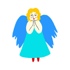 retro comic illustration of angel girl with wings. Hand drawn cartoon character in doodle style