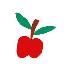 Cartoon illustration of red apple with green leaves. Illustration in doodle style