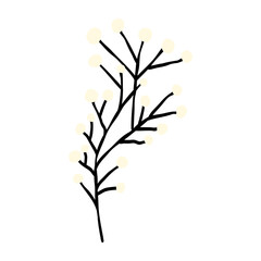 Black branch of plant with white berries. Cartoon comic illustration in doodle style