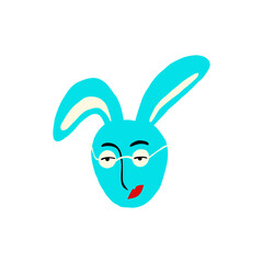 Strange funny blue bunny in glasses. Modern hand drawn cartoon illustration of bird in doodle style