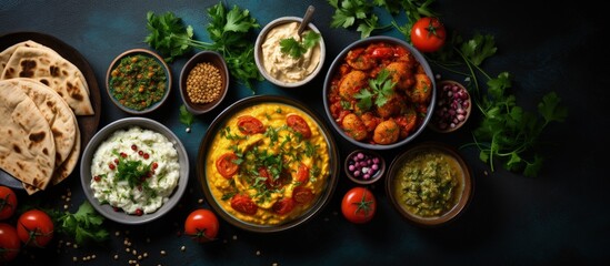 Traditional Arab dinner with authentic cuisine including a variety of meze dishes seen from above with copyspace for text