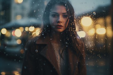 A woman on the street in the rain looks out the window - obrazy, fototapety, plakaty