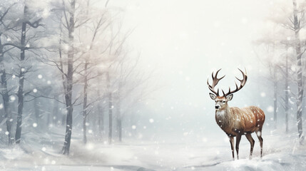 Naklejka na ściany i meble Noble deer male in winter snow forest. Artistic winter christmas landscape. ai generative