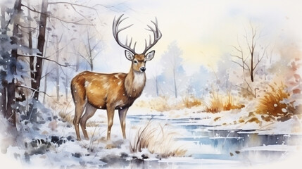 deer in the snow winter watercolor. ai generative