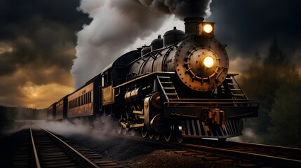 Fototapeta premium antique steam locomotive, vintage train, sunset and forest, screensaver for your computer and phone desktop, dark background