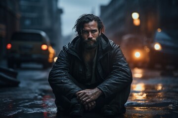 Homeless man sitting on asphalt on a rainy street