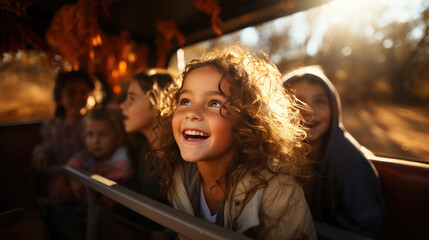 Generative AI, cheerful children, boy, girl riding in a jeep, safari, Africa, travel, emotional joyful facial expression, vacation, photo hunting, wildlife, savannah, minibus, car body, adventure, kid