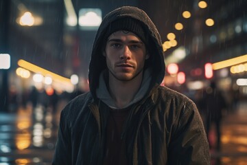 A man in a jacket with a hood against the background of a snowy street - obrazy, fototapety, plakaty