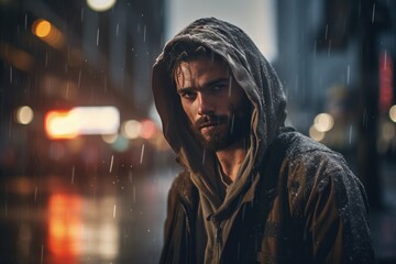 Portrait of a homeless man on a rainy street with lights