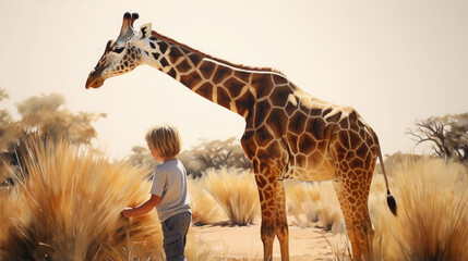 Generative AI, child, boy or girl petting a tall spotted giraffe on a safari in the wild, reserve, Africa, national park, zoo, animal and human, travel, feeding, care, children, kid, naturalist