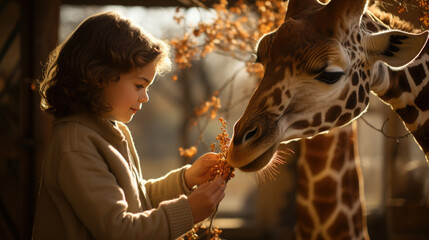 Naklejki  Generative AI, child, boy or girl petting a tall spotted giraffe on a safari in the wild, reserve, Africa, national park, zoo, animal and human, travel, feeding, care, children, kid, naturalist