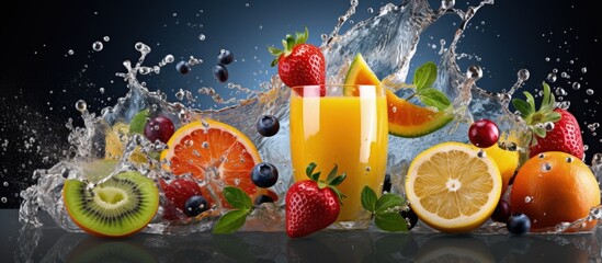 Fruit filled blender isolated juice and splash with copyspace for text - obrazy, fototapety, plakaty