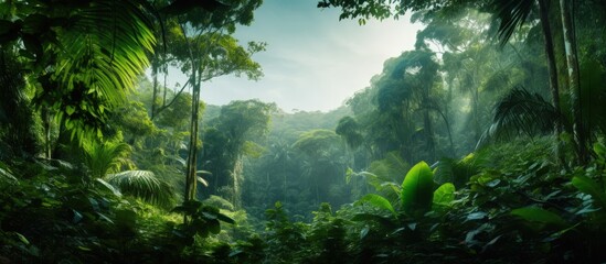 Tropical forest and eco tech Wide angle visuals for banners or ads with copyspace for text - obrazy, fototapety, plakaty