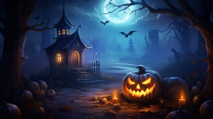 Photo of a spooky Halloween scene with pumpkins and a haunted house
