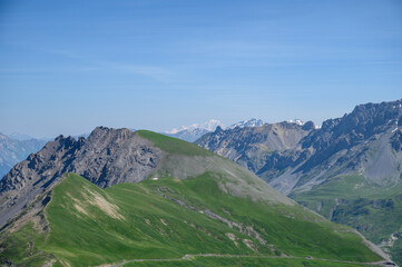 Fototapeta premium Mountains and alpine meadows views near Col du Lautaret, Massif des Ecrins, Hautes Alpes, France in summer