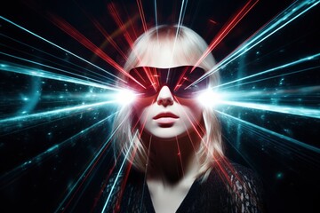 Portrait of a woman with laser beams - obrazy, fototapety, plakaty