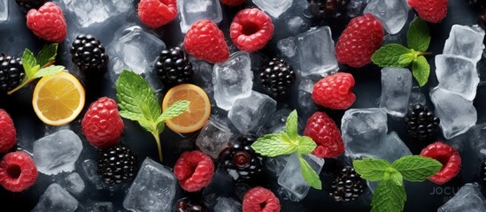 Top view of frozen fruit filled ice cubes with copyspace for text