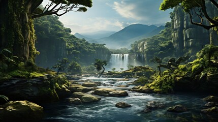 amazon rainforest river landscape with waterfall - obrazy, fototapety, plakaty