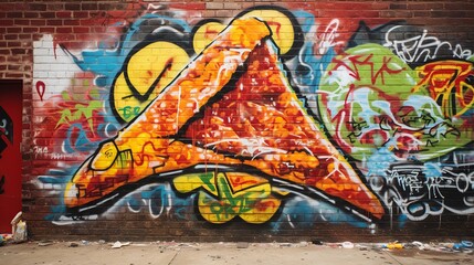A bold composition features a pizza slice hovering above a spray paint can, where vibrant colors...