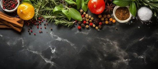 Fotobehang Cooking with herbs and spices including basil rosemary pepper and salt on a stone table seen from above with empty space for writing with copyspace for text © 2rogan